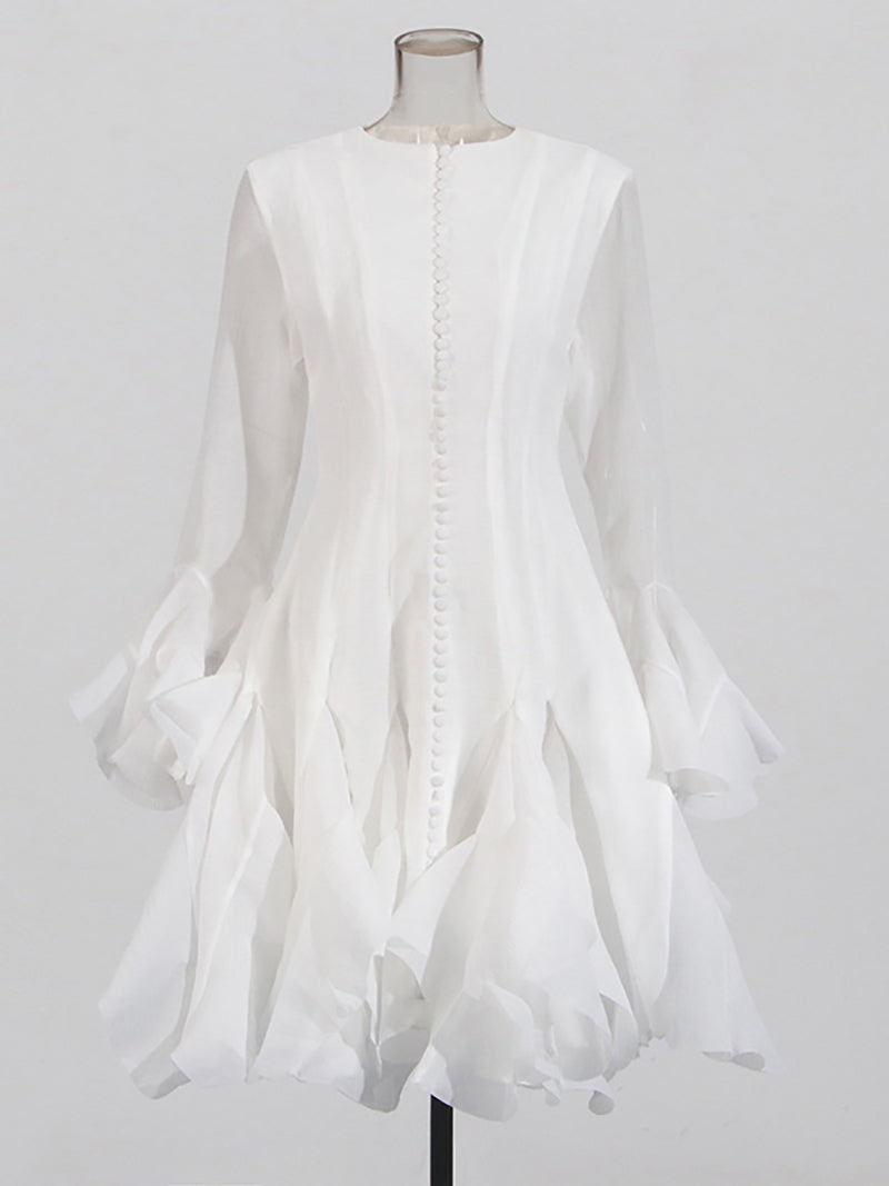 Round Collar Flare Sleeve Patchwork Ruffle Midi Dress