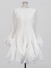 Round Collar Flare Sleeve Patchwork Ruffle Midi Dress