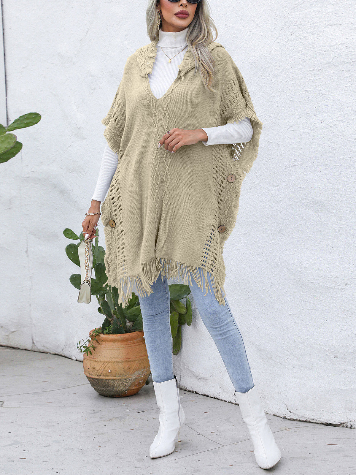 Fringe Trim Buttoned Hooded Poncho