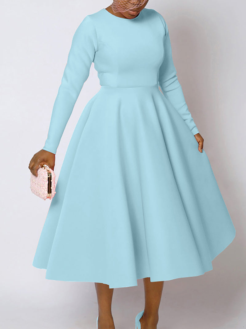 Elegant Round Collar Cinched Waist A-Line Dress