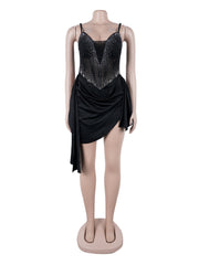 Sexy Rhinestones Sheer Mesh V Neck Ribbons Mini Dress