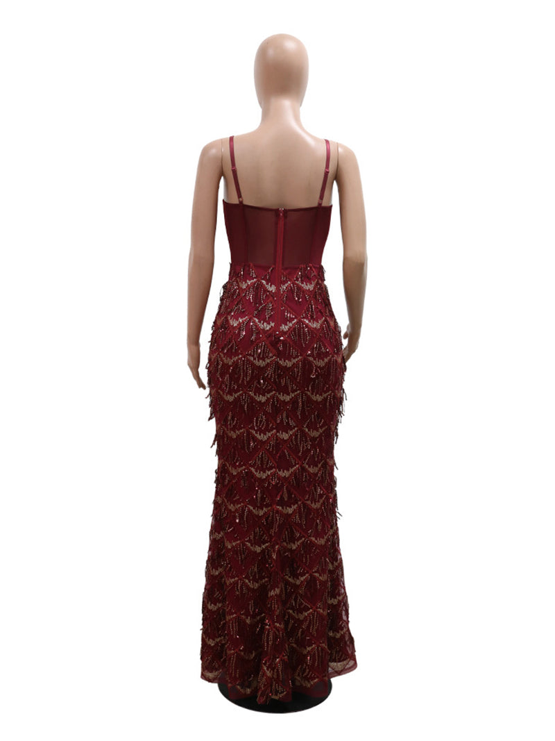 Sexy Corset Sequin Fringed Gowns Maxi Dress