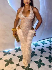 Sexy Halter Sequin Mesh Patchwork Ruched Maxi Dress