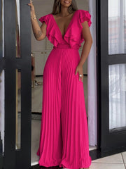 V Neck Ruffles Pleat Wide Leg Jumpsuit