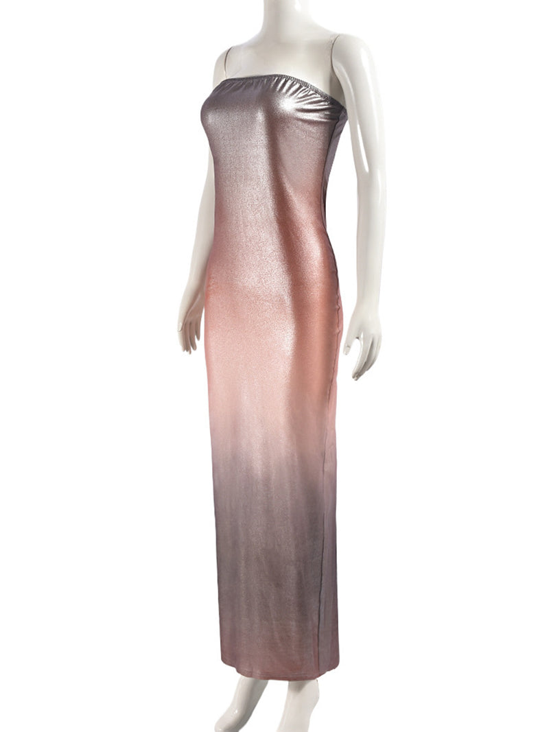 Strapless Gradient Sleeveless Shiny Slim Maxi Dress