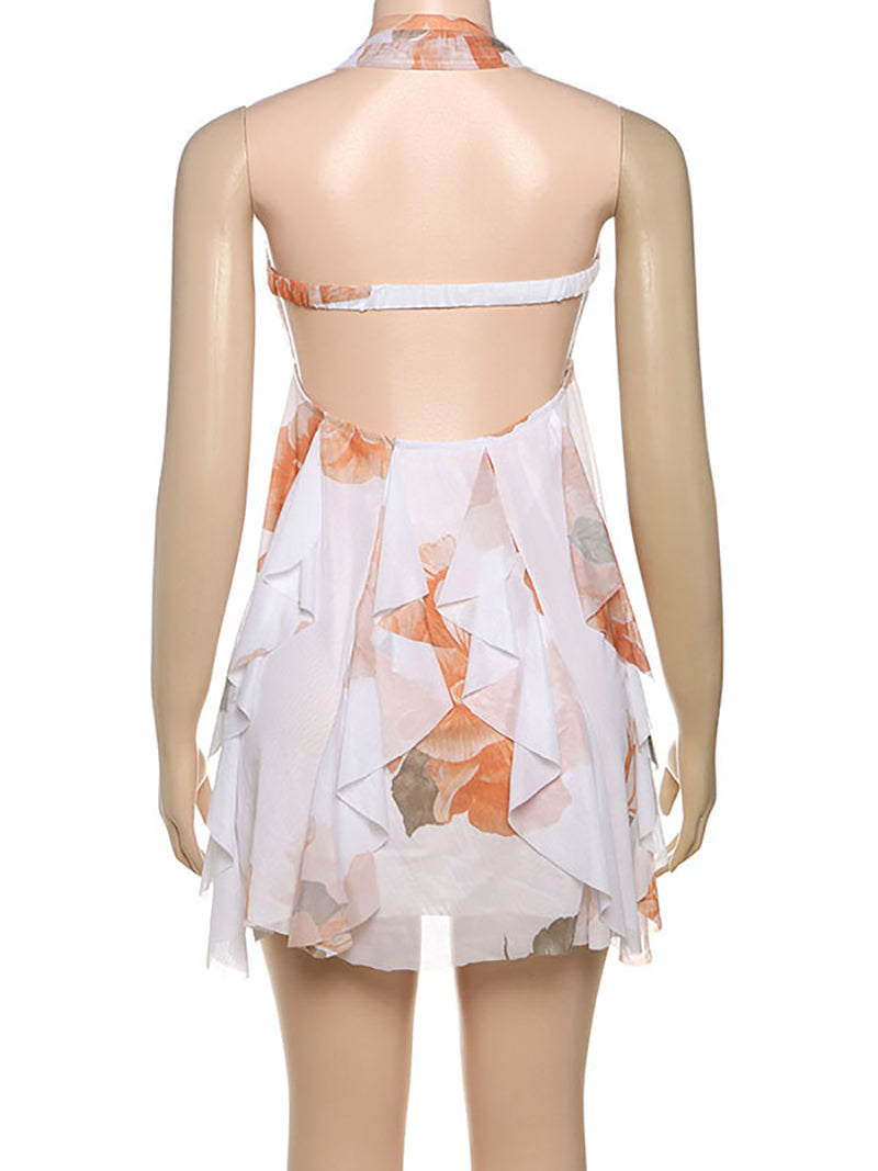 Fashion Floral Print Starfish Brooch Halter Mini Dress