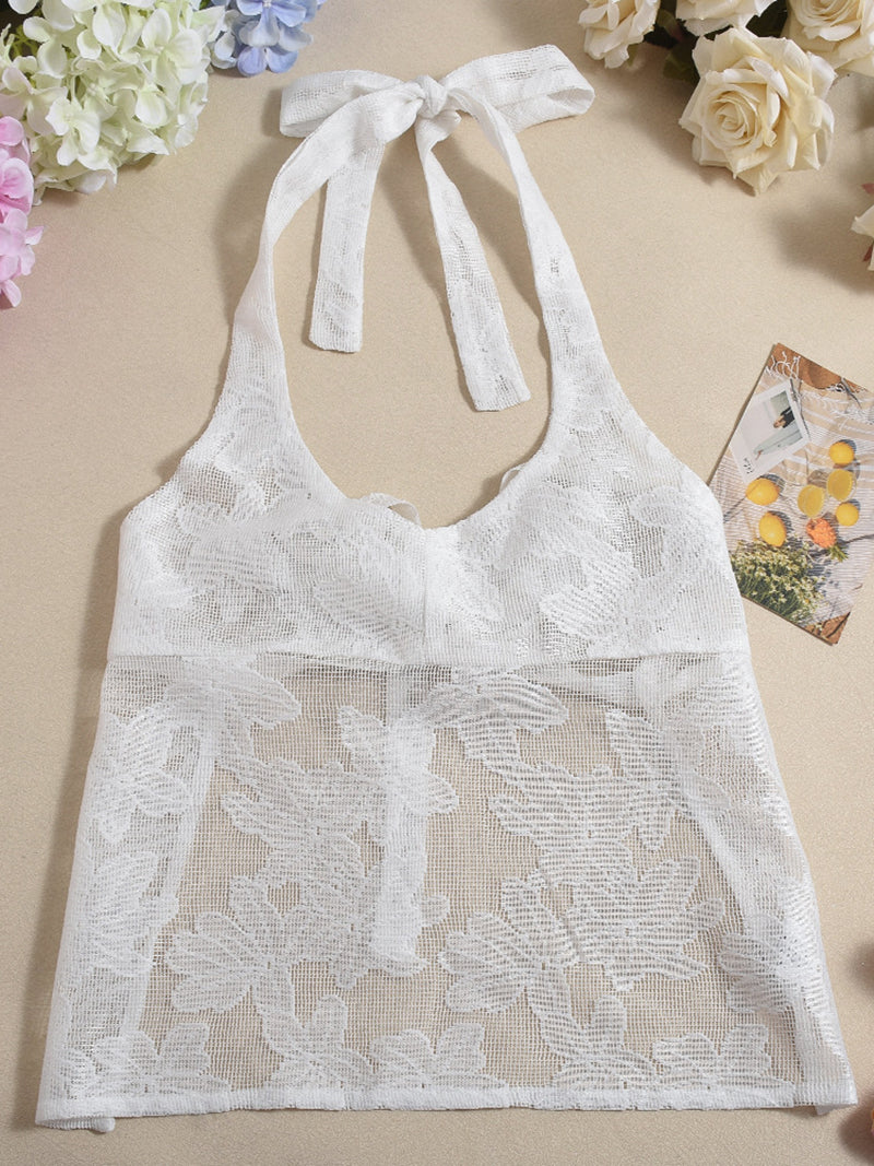 Sheer Mesh Jacquard Halter Backless Mini Skirt Sets