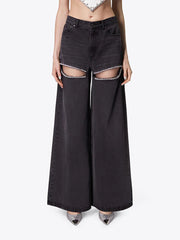 Fashion Wide Leg Crystal Slit Jean