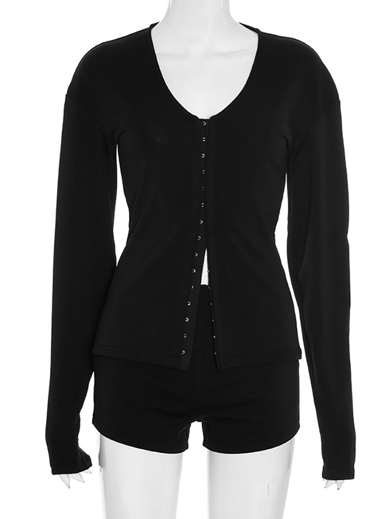 Fashion Tight Button V-neck Top Shorts Casual Set
