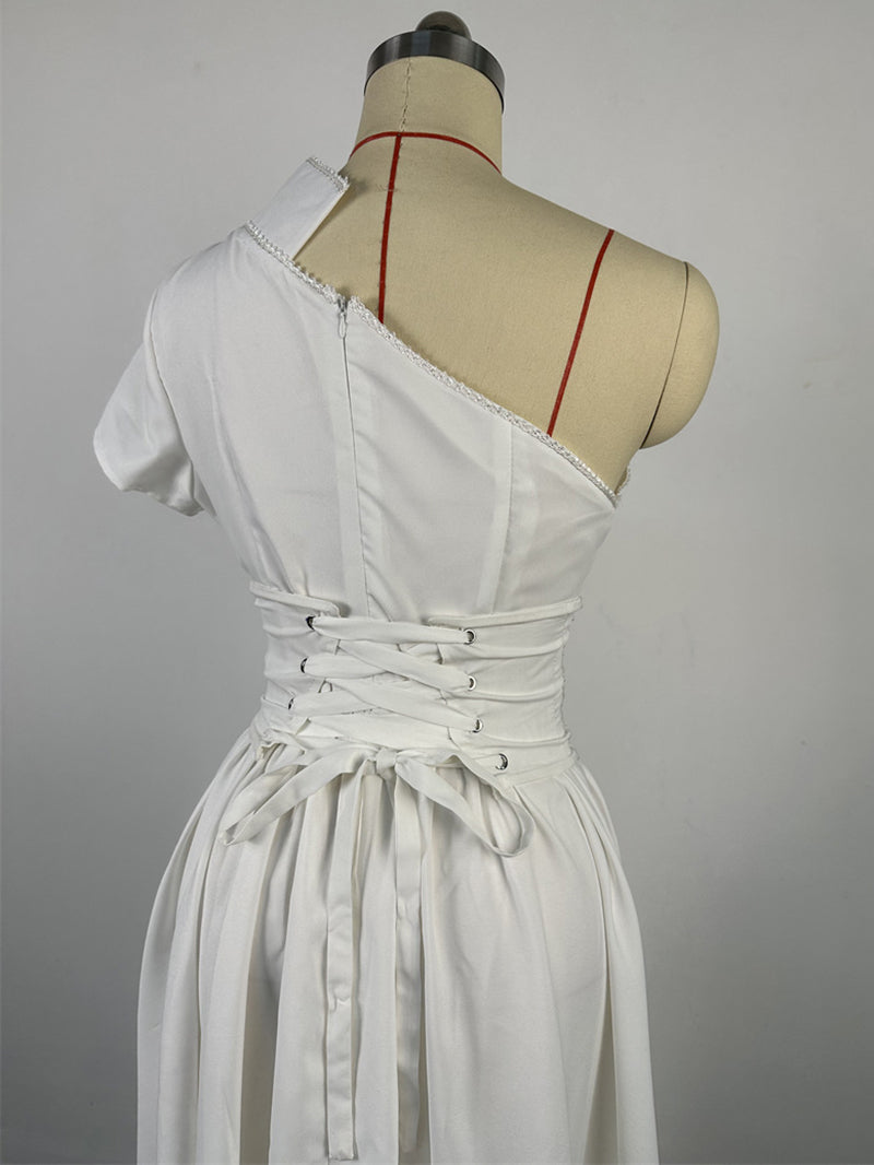 Solid Slash Shoulder Short Sleeve Midi Dress