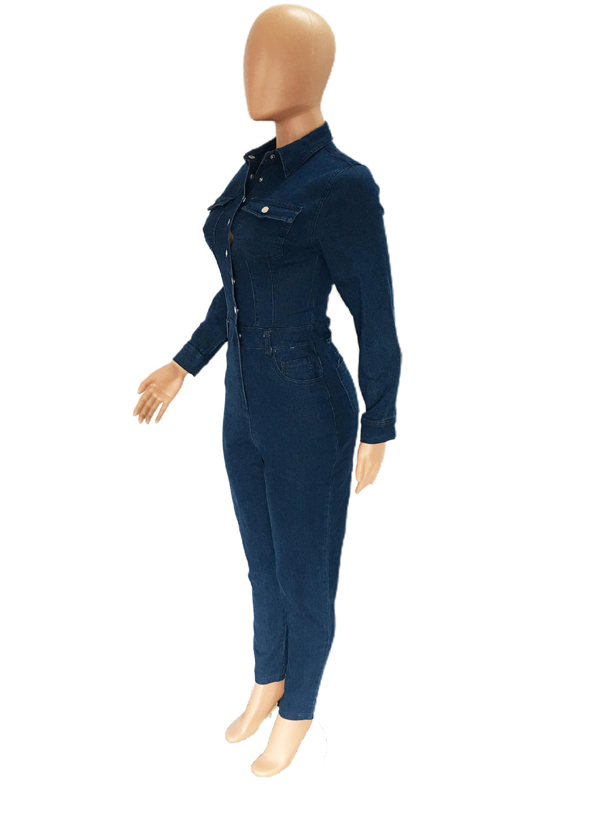 Denim Button Front Long Sleeve Jumpsuit