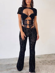 Sexy Lace Patchwork Top Flared Pants Sets