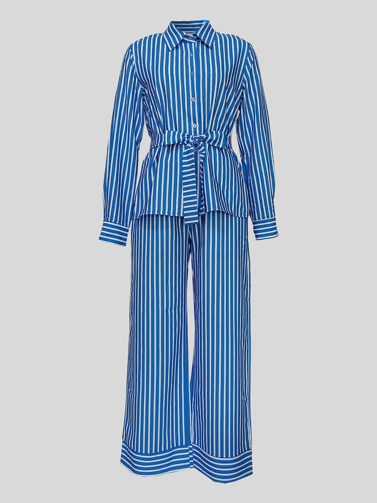 Street Casual Stripe Print Shirt Trousers Set