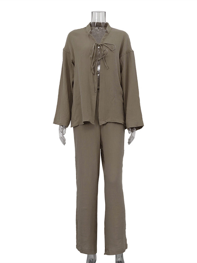 Casual Cardigan Lace-up Shirt Loose Pants Sets
