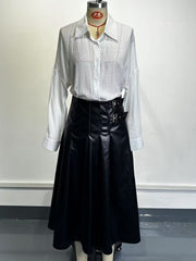 Faux Leather Retro Buckle Detail Pleated Long Skirt