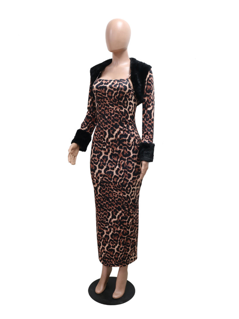 Sexy Cropped Coat Leopard Print Maxi Dress Set