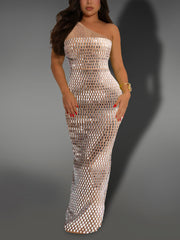 Sexy Mesh Patchwork Rhinestone Slash-Shoulder Dress