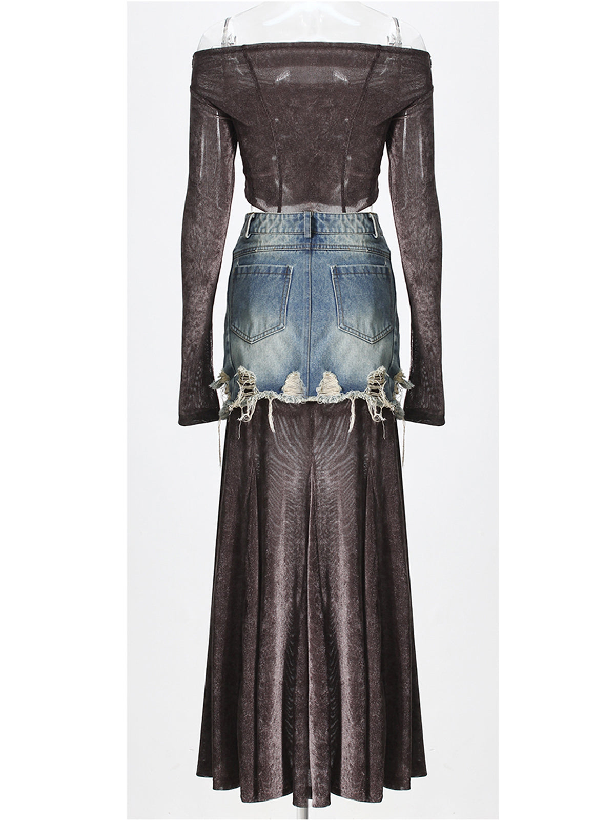 Fashion Mesh Off Shoulder Denim Patchwork Skirts Set