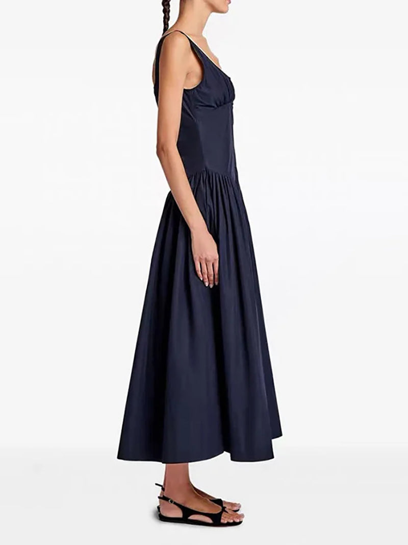 Sleeveless Cinched Waist Pleated Ruffles Midi Dress