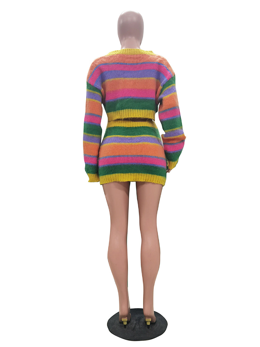 Color Block Stripe Knit Crop Sweater And Skirt Club Set