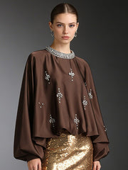 Embellished Neckline Draped Long Sleeve Blouse