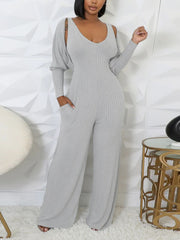 Casual Ribbed Jumpsuit Long Sleeve Cardigan Set