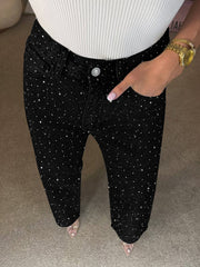 Casual High Waist Rhinestone Straight Leg Jeans