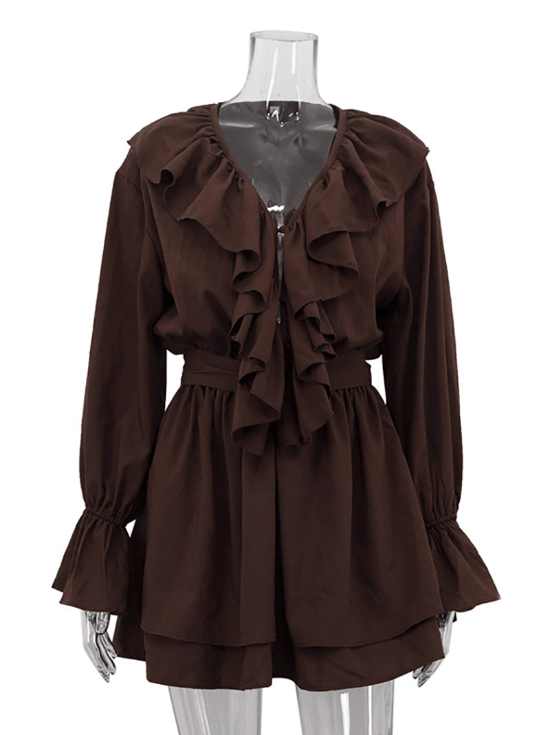 Fashion V Neck Ruffles Cinched Waist Mini Dress