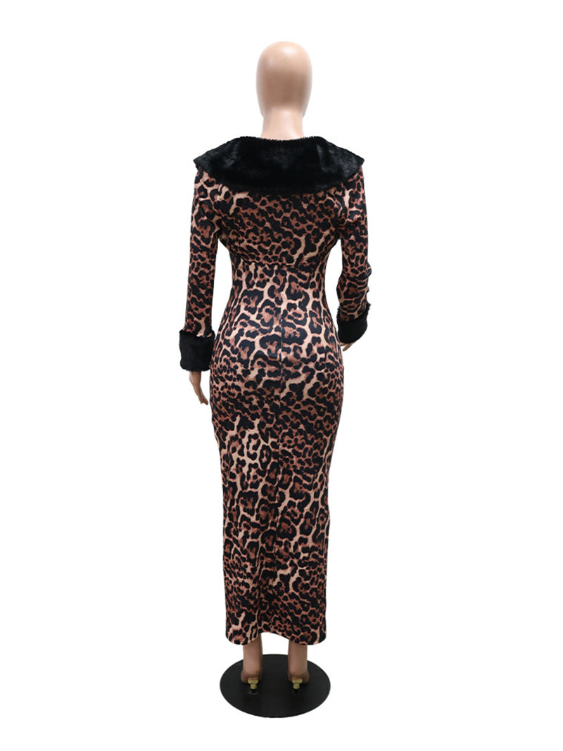 Sexy Cropped Coat Leopard Print Maxi Dress Set