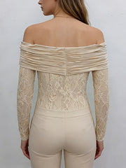 Elegant Off Shoulder Ruched Lace Bodysuit