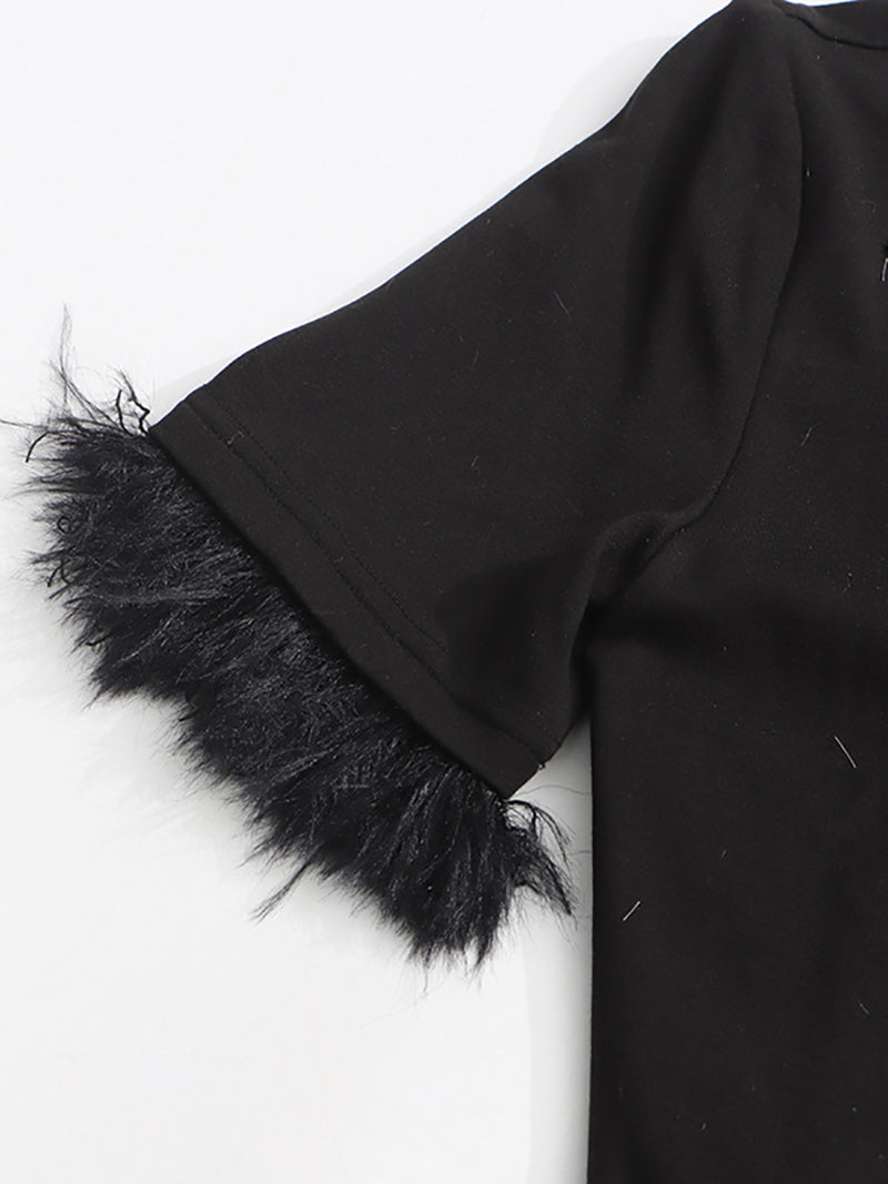 Elegant Round Neck Spliced Diamond Tassels T-shirt