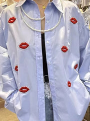 Casual Rhinestone Lip Print Blouse