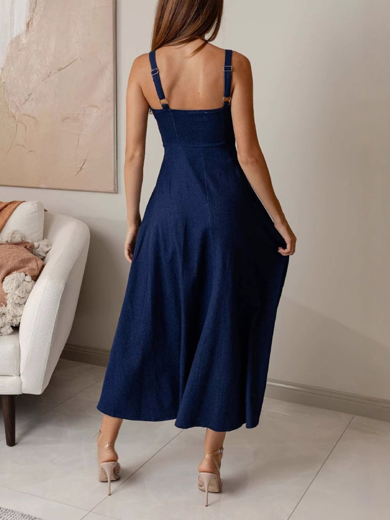 Elegant Sleeveless Lace-up Denim Suspenders Dress