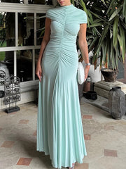 Elegant High Neck Ruched Slim Maxi Dress