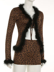 Sexy Fur Patchwork Leopard Print Cardigan Skirt Sets