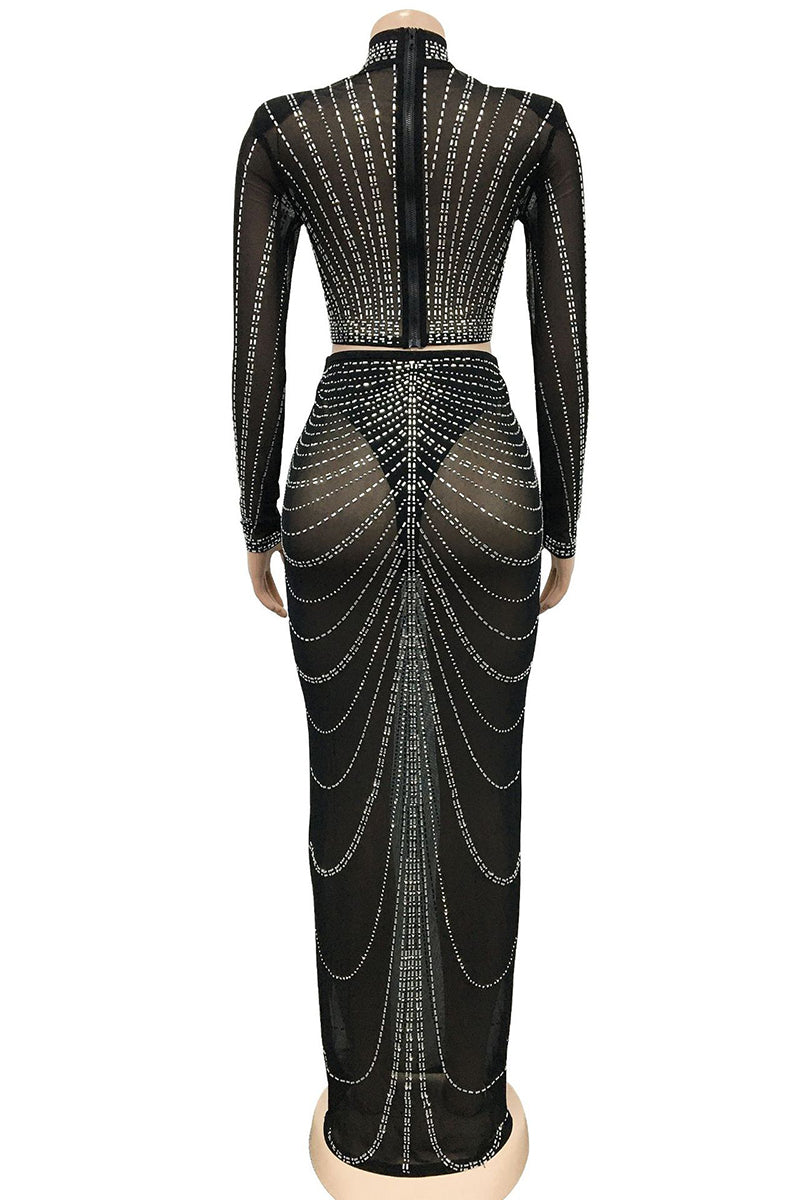 Sexy Rhinestone Sheer Mesh Skirt Club Sets