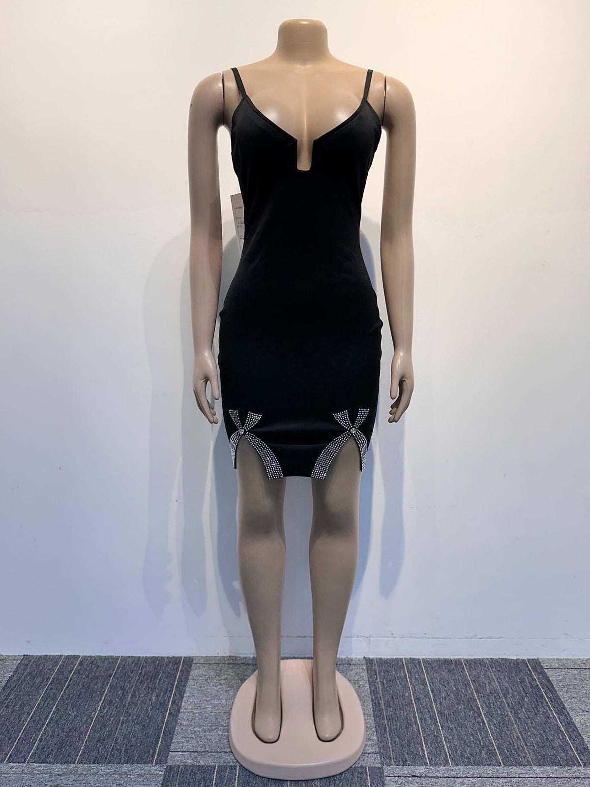 Sexy Rhinestone Slit Suspenders Dress