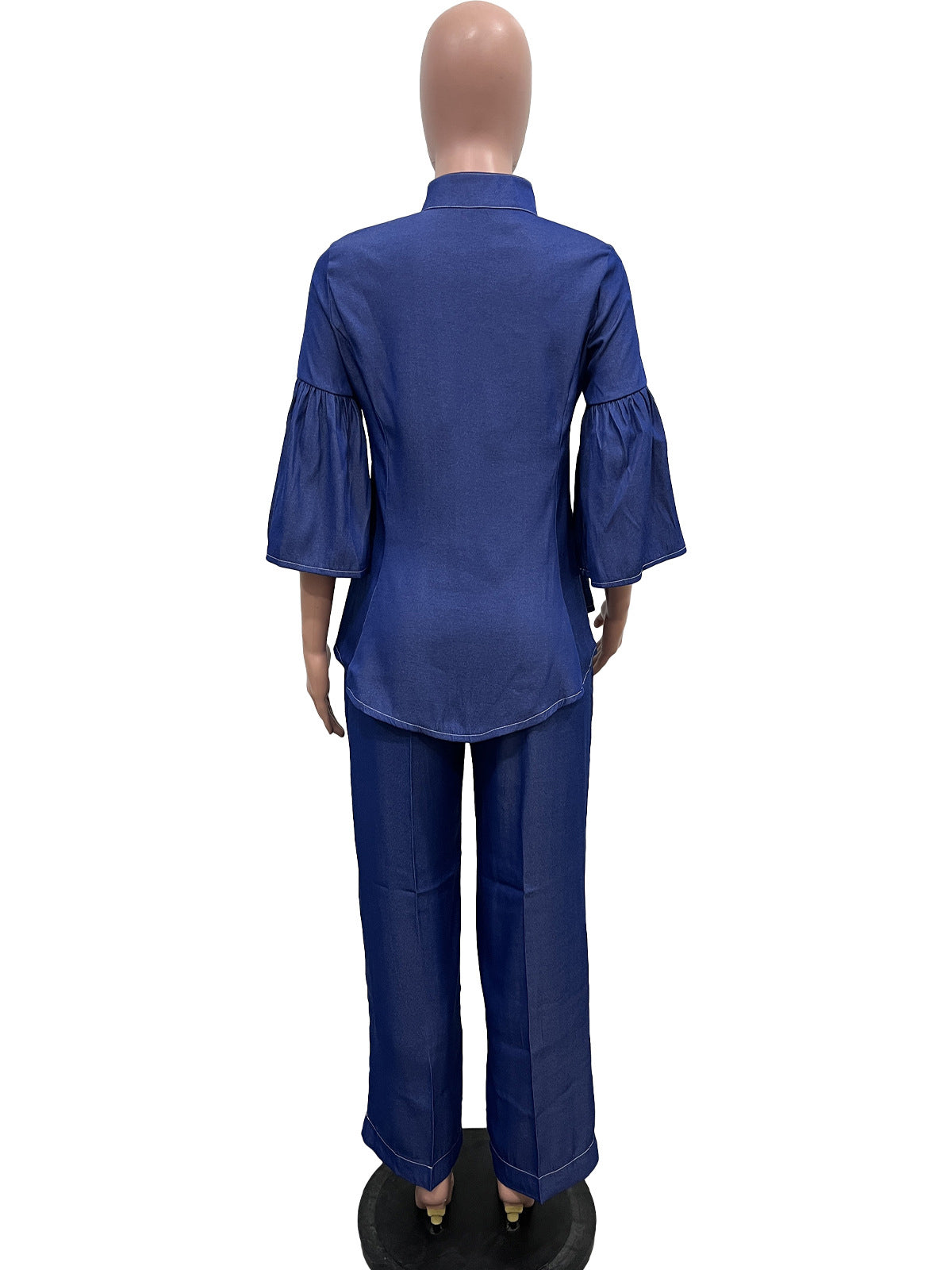 Elegant Soft Denim Top And Straight Pants 2 Piece Set