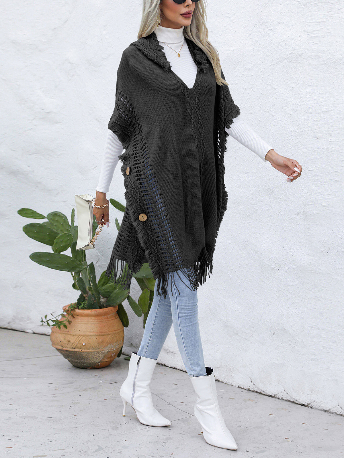 Fringe Trim Buttoned Hooded Poncho