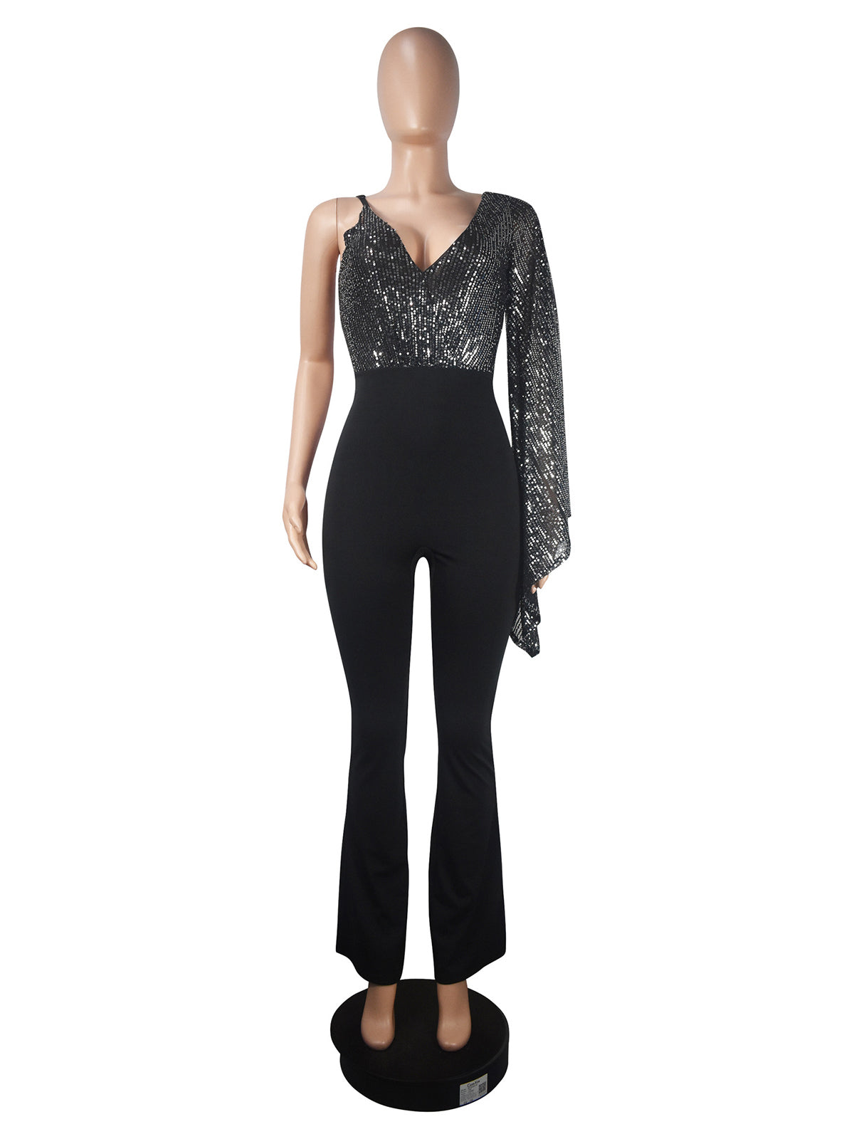 One-Shoulder Cape Sequin Patchwork Nightclub Jumpsuit