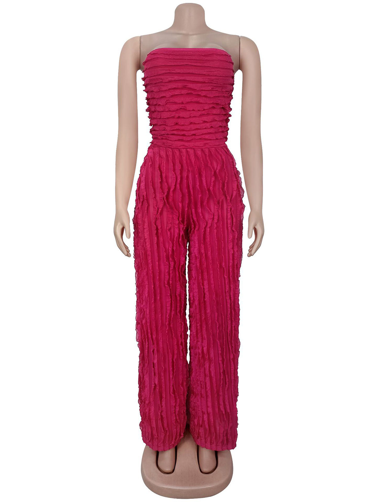 Casual Strapless Pleated Wavy Grain Wide Leg Jumpsuit