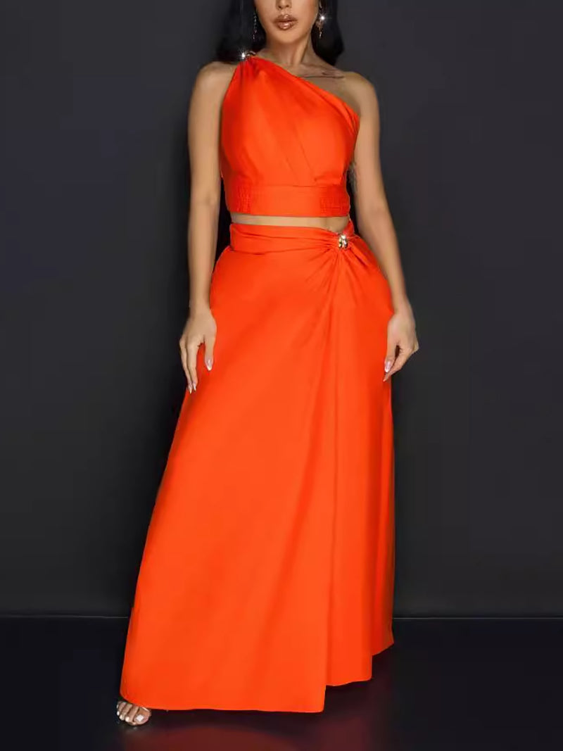 Solid Color One Shoulder Top And Skirt Two Piece Set