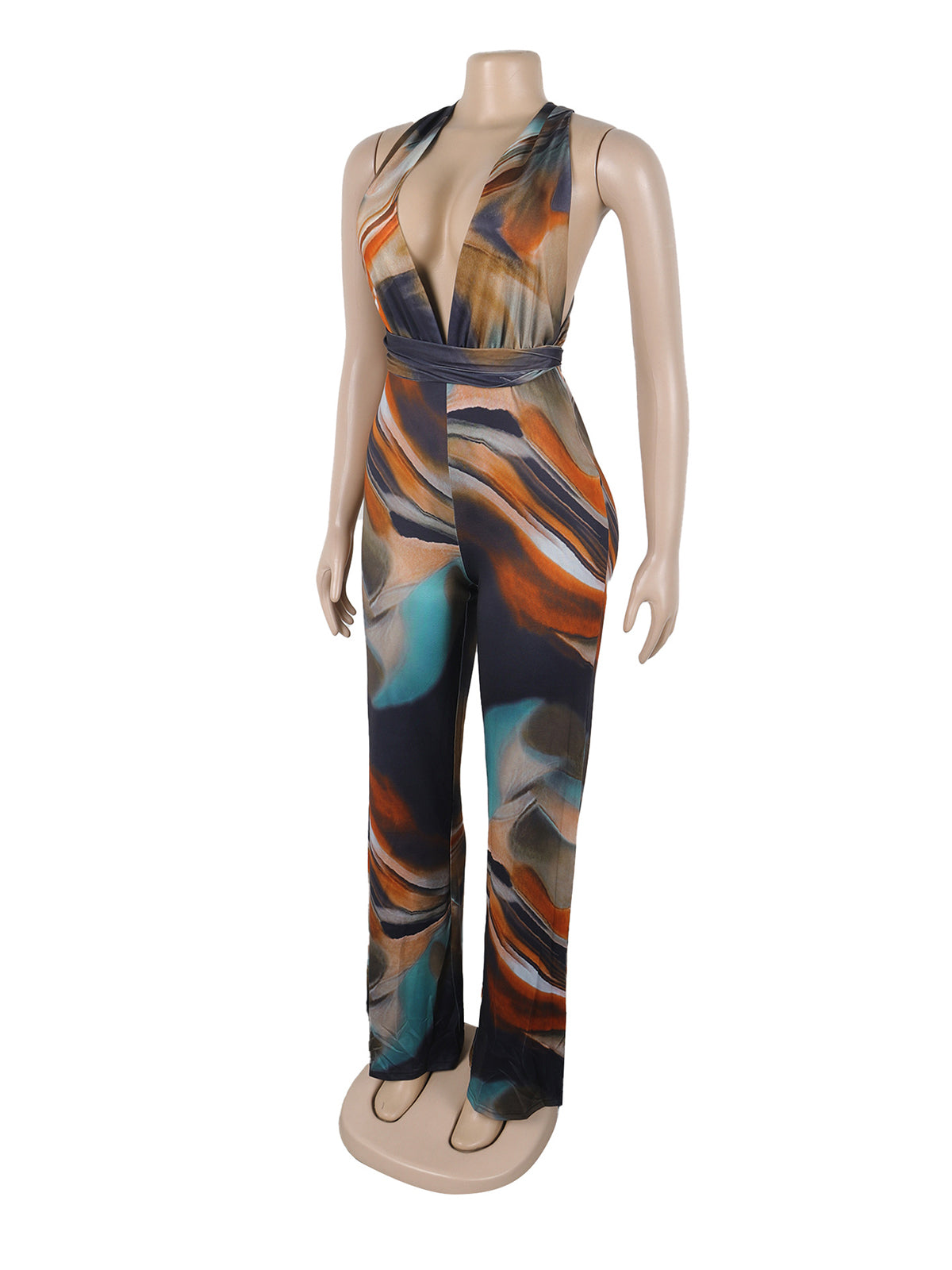 Print Deep V Backless Lace-up Strap Jumpsuit