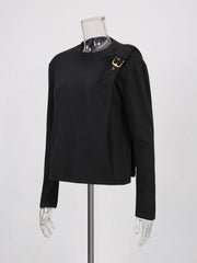 Fashion Round Neck Buckle-Shoulder Base Shirt