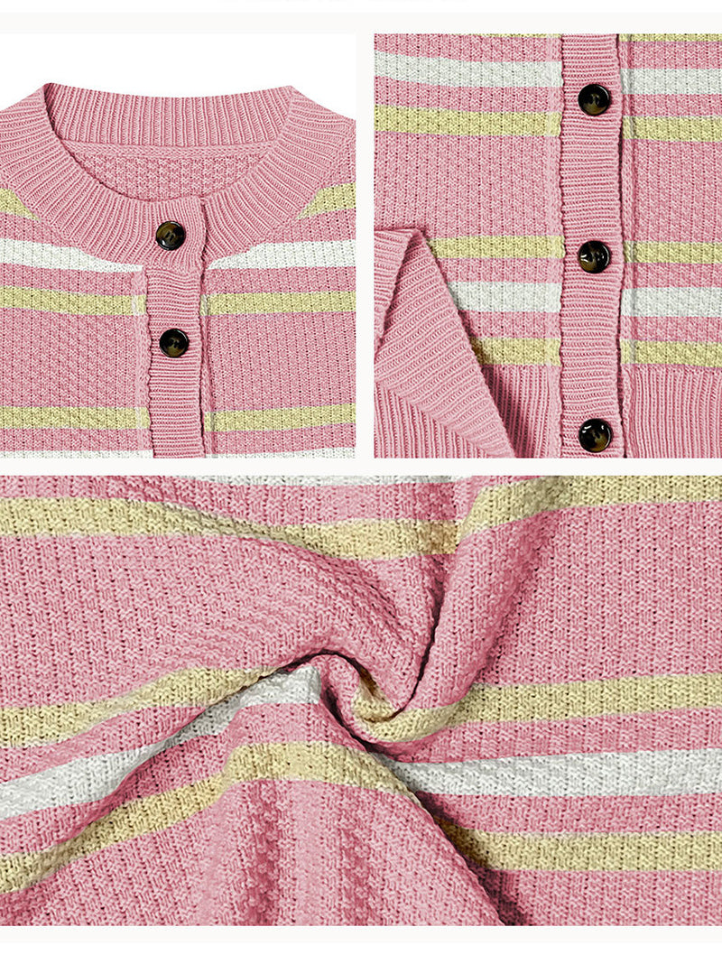 Casual Striped Button-Up Cropped Cardigan