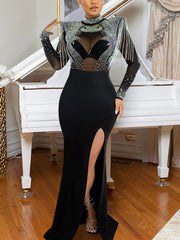 Fringe Hotfix Rhinestones Sheer Long Sleeve Maxi Dress