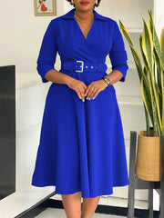Solid Color With Belt Turndown Collar A Line Dress