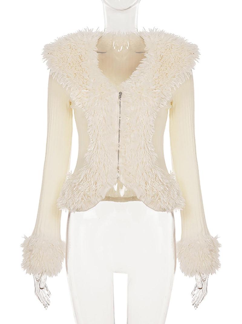 Fashion Faux Fur Ribbed Cardigan Sweater