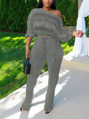 Casual Off Shoulder Pleated Crop Top Two Piece Sets