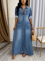Washed Denim Patchwork Shirt Dress